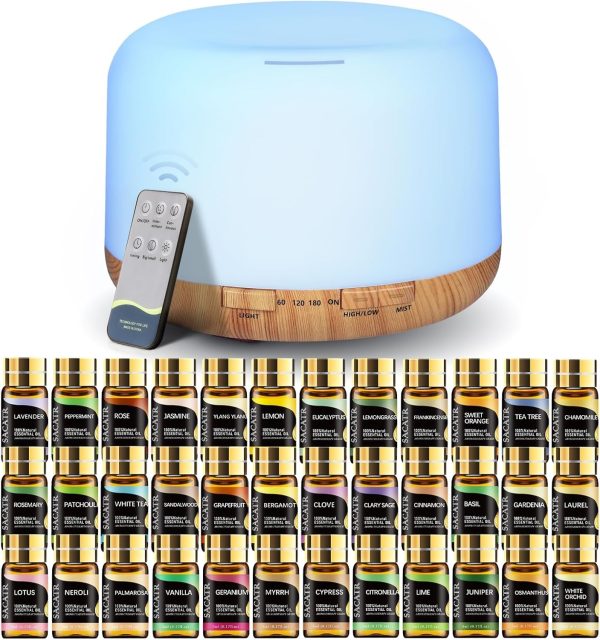 SACATR Essential Oil Diffusers for Home with 36 Oil Diffuser Sets, 500ml Aroma Diffuser for Essential Oils Large Room, Ultrasonic Cool Mist Diffuser Auto Shut-Off 4 Timers 15 Colors (36x5mL)