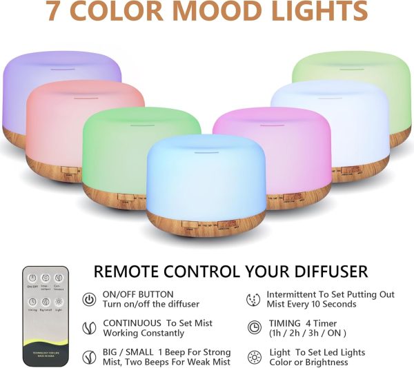 SACATR Essential Oil Diffusers for Home with 36 Oil Diffuser Sets, 500ml Aroma Diffuser for Essential Oils Large Room, Ultrasonic Cool Mist Diffuser Auto Shut-Off 4 Timers 15 Colors (36x5mL) - Image 12