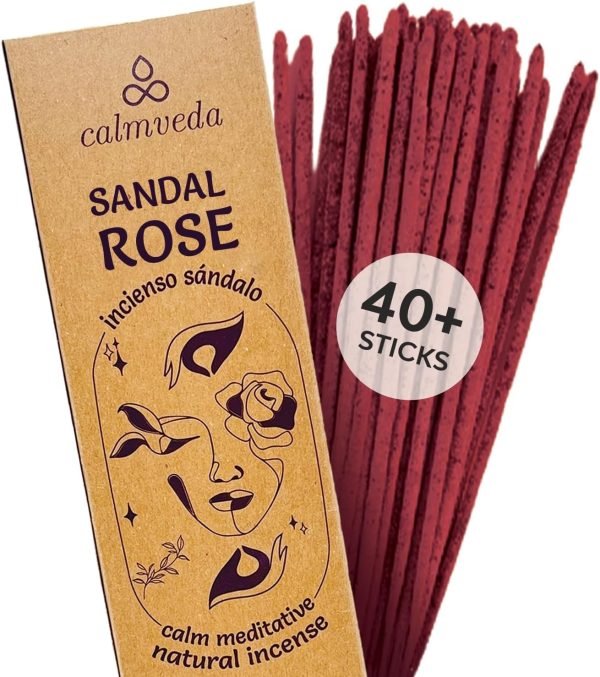 Sandal Rose Incense Sticks Natural - for Meditation Incense (40+ Sticks) Clean Charcoal Free Made from Upcycled Flowers | Sweet Woody Sandalwood Incense for Calming (Incienso De Rosas)