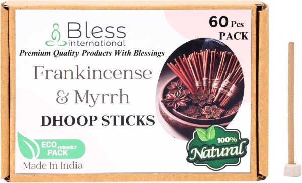 Bless-International Frankincense-and-Myrrh-100%-Natural-Incense-Bambooless-Dhoop-Sticks Handmade-Organic-Chemicals-Free for-Relaxation-Positivity-Yoga-Meditation The-Best-scents-4.5-Inches-60-Count