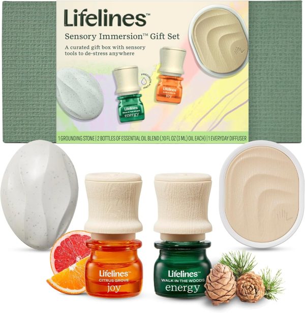 Lifelines Sensory Immersion Gift Set - Includes Everyday Aromatherapy Diffuser, Fidget Grounding Stone & 2 Essential Oil Blends - Unique Sensory Gifts for Women & Men