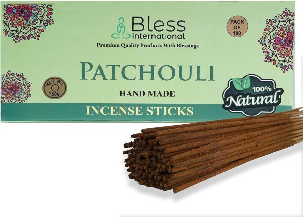 Bless-Patchouli-Incense-Sticks 100%-Natural-Handmade-Hand-Dipped Organic-Chemicals-Free for-Purification-Relaxation-Positivity-Yoga-Meditation The-Best-Woods-Scent (100 Sticks (150GM))