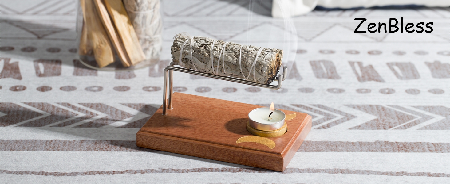 Sacred woodtops with burned sage and candles.