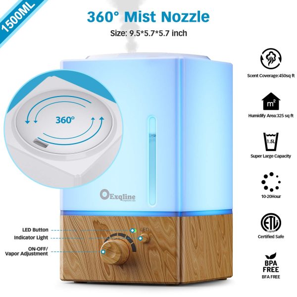 1500ml Aroma Essential Oil Diffuser Large - Exqline Diffuser for Large Room, Large Aromatherapy Diffuser/Humidifier, Unique Diffusers for Essential Oils(White) - Image 13