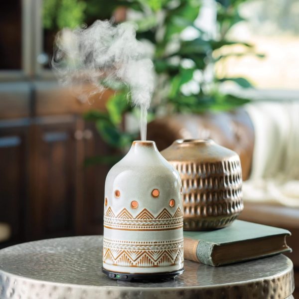 Airome Southwest Medium Ceramic Essential Oil Diffuser|100 mL Humidifying Ultrasonic Aromatherapy Diffuser 8 Colorful LED Lights, Intermittent & Continual Mist, Auto Shut-Off, White and Brown - Image 4