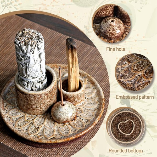 4 in 1 Ceramic Incense Burner, Sage Holder for Burning Bowl, Palo Santo Holder, Incense Holder for Sticks, Smudge Stick Holder(Brown) - Image 6