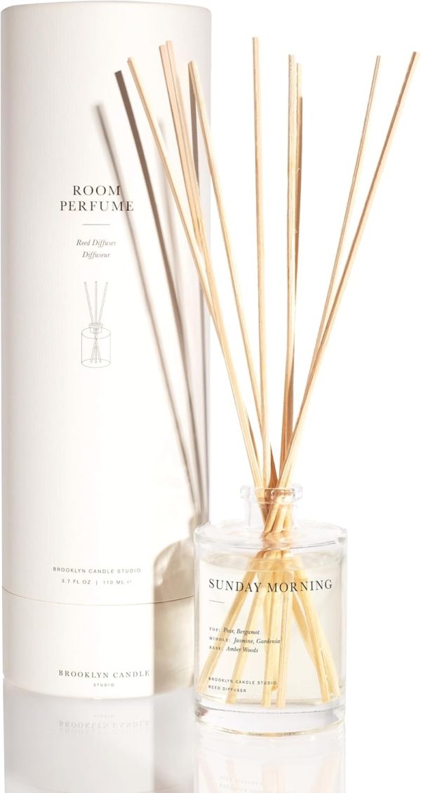 Brooklyn Candle Studio Reed Scent Diffuser - Sunday Morning - Relaxing Oil Diffuser, Pear, Jasmine & Amber Fragrance, 8 Rattan Diffuser Reeds, Clean Ingredients - 3.7oz