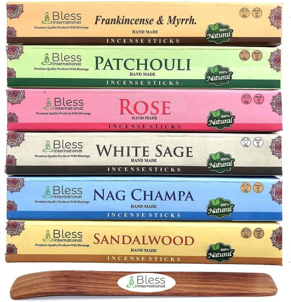 Bless-International-Frankincense-and-Myrrh-Patchouli-Rose-Sandalwood-Nag-Champa-White-Sage Natural-Handmade-Organic-for-Relaxation-Positivity-Yoga-Meditation 150-Sticks-25x6-Fragrances with Holder