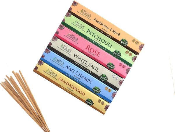 Bless-International-Frankincense-and-Myrrh-Patchouli-Rose-Sandalwood-Nag-Champa-White-Sage Natural-Handmade-Organic-for-Relaxation-Positivity-Yoga-Meditation 150-Sticks-25x6-Fragrances with Holder - Image 3