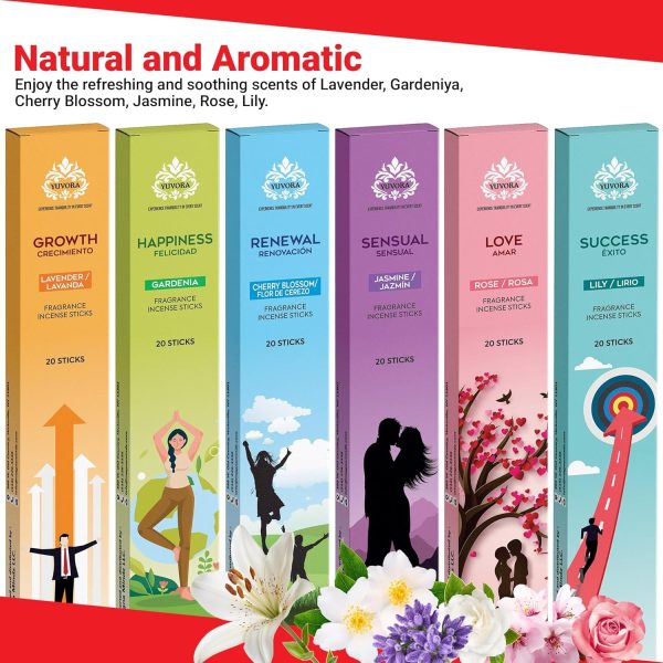 Aromatic Incense Sticks Gift Set 120 Natural & Non-Toxic Incense Sticks | 6 Soothing Scents | Home, Meditation, Relaxation & Yoga | Free Incense Holder | Perfect Valentines Day Gift - Image 9