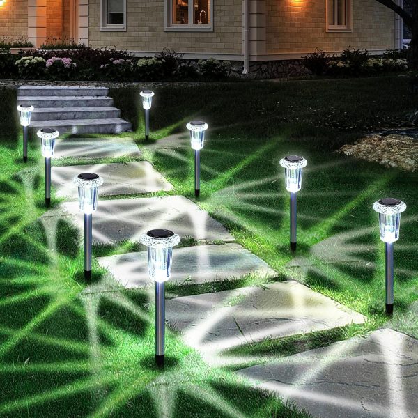 Solar Outdoor Lights, 10 Pack Waterproof Stainless Steel Solar Stake Lights for Pathway Garden Yard Path Walkway Driveway Lawn Patio Outside Decor, Cool White