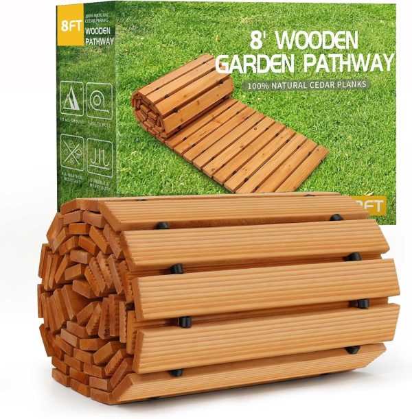 RELIANCER 8' Wooden Garden Pathway,Outdoor Roll Out Cedar Straight Walkway,Patio Path Decorative Garden Boardwalk Walkways,Weather-Resistant Roll Up Beach Wood Road Floor,Wedding Party Pathways