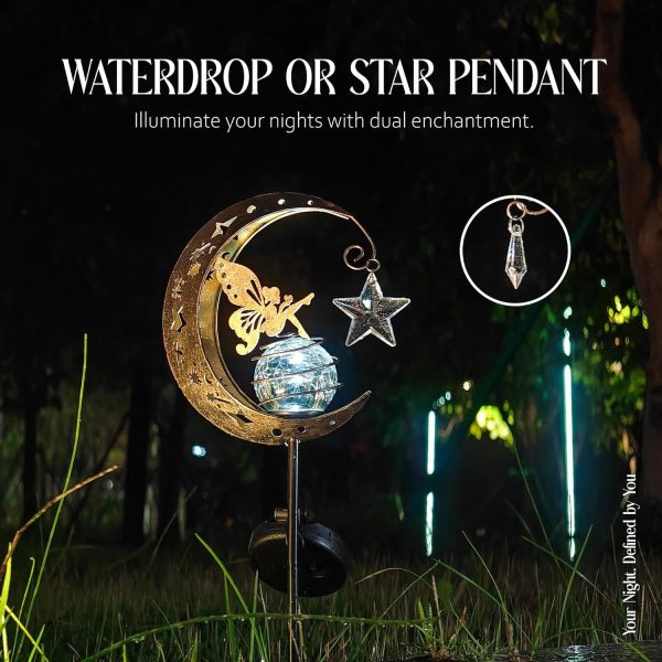 Garden Decor - Solar Moon Fairy Garden Light with Waterdrop & Star Charms, Waterproof Cool White Light, 34 inch Housewarming Gifts - Image 3