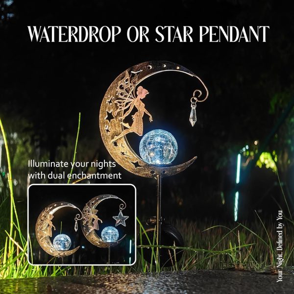 Garden Decor - Solar Moon Fairy Garden Light with Waterdrop & Star Charms, Waterproof Cool White Light, 34 inch Housewarming Gifts - Image 10