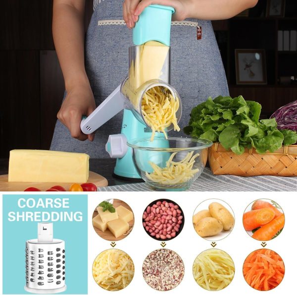 Cambom Rotary Cheese Grater Hand Crank Cheese Shredder for Fresh Cheese, Vegetable, Nuts,Non-slip Suction Base, Free Cleaning Brush Three Blades, Blue - Image 3