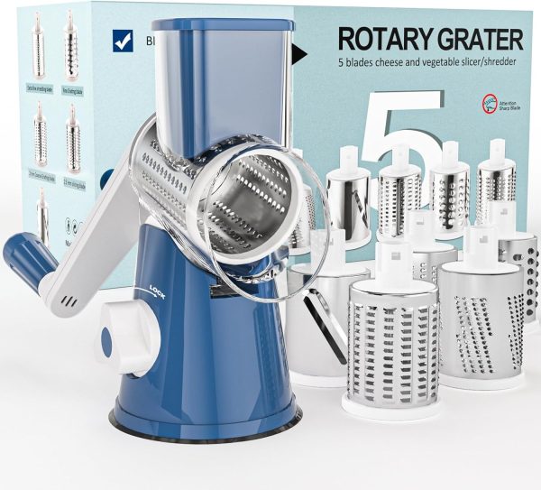 Cambom Rotary Cheese Grater Hand Crank Cheese Shredder for Fresh Cheese, Vegetable, Nuts,Non-slip Suction Base, Free Cleaning Brush Three Blades, Blue - Image 20