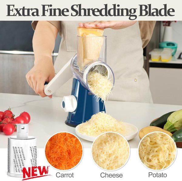 Cambom Rotary Cheese Grater Hand Crank Cheese Shredder for Fresh Cheese, Vegetable, Nuts,Non-slip Suction Base, Free Cleaning Brush Three Blades, Blue - Image 21