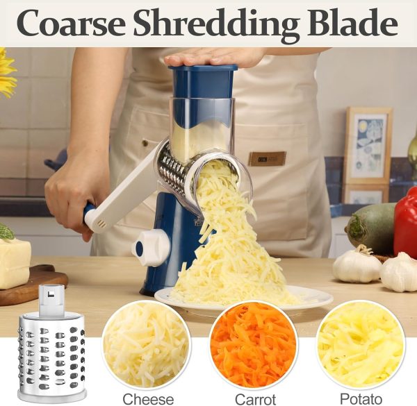 Cambom Rotary Cheese Grater Hand Crank Cheese Shredder for Fresh Cheese, Vegetable, Nuts,Non-slip Suction Base, Free Cleaning Brush Three Blades, Blue - Image 23