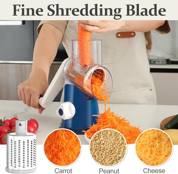 Cambom Rotary Cheese Grater Hand Crank Cheese Shredder for Fresh Cheese, Vegetable, Nuts,Non-slip Suction Base, Free Cleaning Brush Three Blades, Blue - Image 24