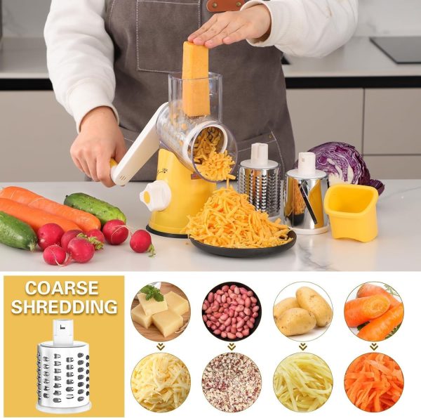 Cambom Rotary Cheese Grater Hand Crank Cheese Shredder for Fresh Cheese, Vegetable, Nuts,Non-slip Suction Base, Free Cleaning Brush Three Blades, Blue - Image 30