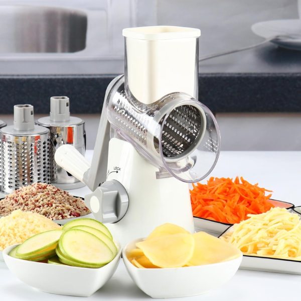 Cambom Rotary Cheese Grater Hand Crank Cheese Shredder for Fresh Cheese, Vegetable, Nuts,Non-slip Suction Base, Free Cleaning Brush Three Blades, Blue - Image 45