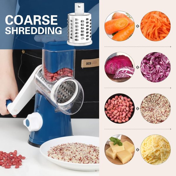 Cambom Rotary Cheese Grater Hand Crank Cheese Shredder for Fresh Cheese, Vegetable, Nuts,Non-slip Suction Base, Free Cleaning Brush Three Blades, Blue - Image 47