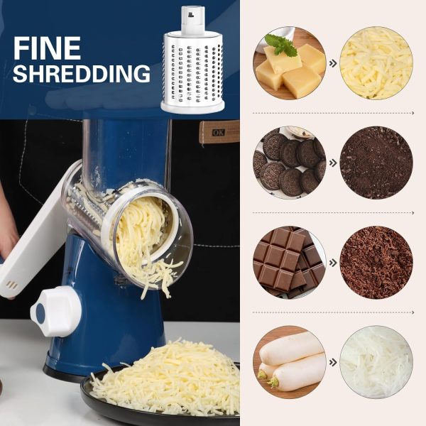 Cambom Rotary Cheese Grater Hand Crank Cheese Shredder for Fresh Cheese, Vegetable, Nuts,Non-slip Suction Base, Free Cleaning Brush Three Blades, Blue - Image 49