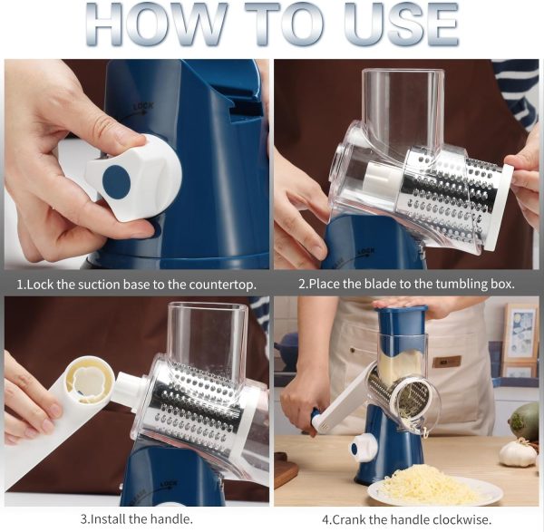 Cambom Rotary Cheese Grater Hand Crank Cheese Shredder for Fresh Cheese, Vegetable, Nuts,Non-slip Suction Base, Free Cleaning Brush Three Blades, Blue - Image 51