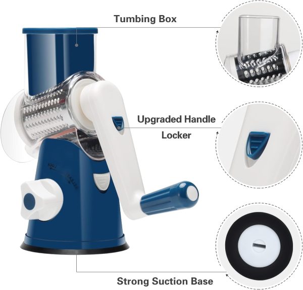 Cambom Rotary Cheese Grater Hand Crank Cheese Shredder for Fresh Cheese, Vegetable, Nuts,Non-slip Suction Base, Free Cleaning Brush Three Blades, Blue - Image 52