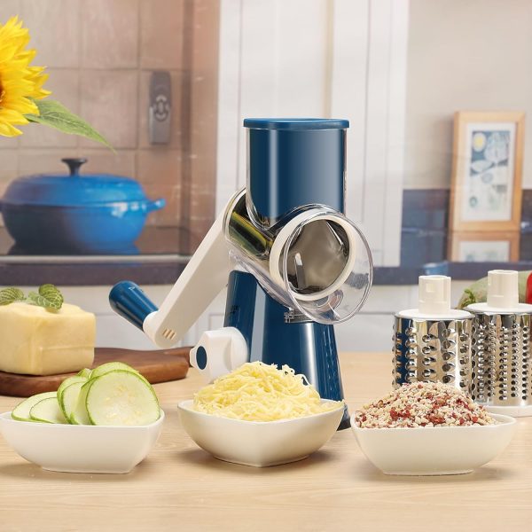 Cambom Rotary Cheese Grater Hand Crank Cheese Shredder for Fresh Cheese, Vegetable, Nuts,Non-slip Suction Base, Free Cleaning Brush Three Blades, Blue - Image 53