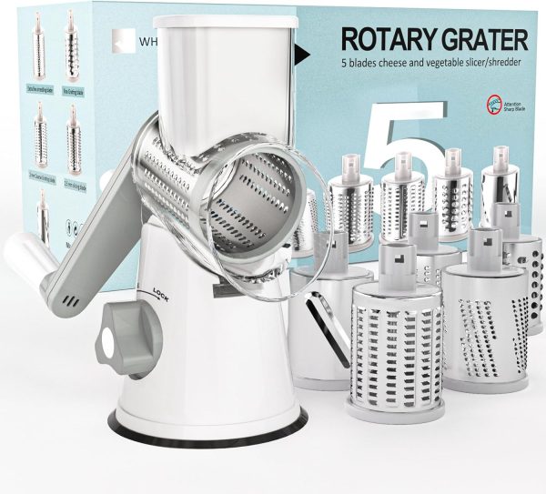 Cambom Rotary Cheese Grater Hand Crank Cheese Shredder for Fresh Cheese, Vegetable, Nuts,Non-slip Suction Base, Free Cleaning Brush Three Blades, Blue - Image 63