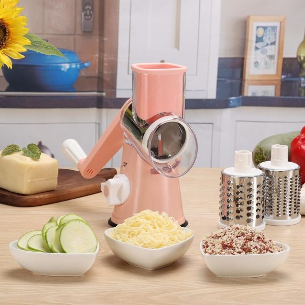 Cambom Rotary Cheese Grater Hand Crank Cheese Shredder for Fresh Cheese, Vegetable, Nuts,Non-slip Suction Base, Free Cleaning Brush Three Blades, Blue - Image 79