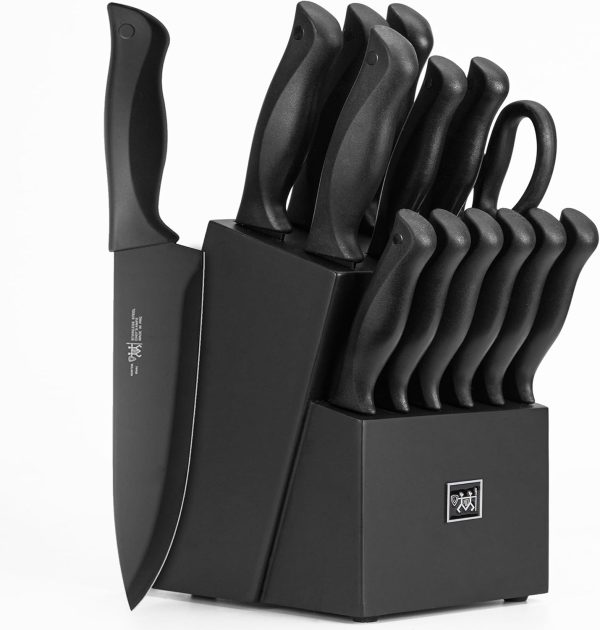 Knife Set, HUNTER.DUAL 15 Pcs Kitchen Knife Set with Block Self Sharpening, Dishwasher Safe, Anti-slip Handle, Black