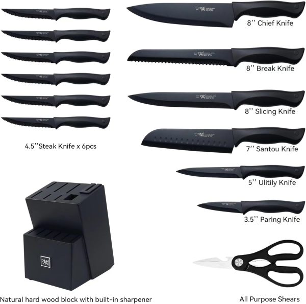 Knife Set, HUNTER.DUAL 15 Pcs Kitchen Knife Set with Block Self Sharpening, Dishwasher Safe, Anti-slip Handle, Black - Image 3