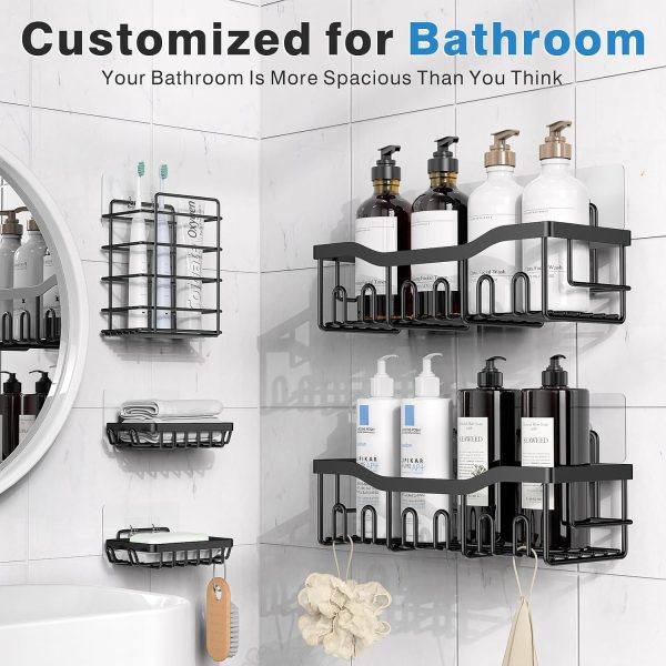 Adhesive Shower Caddy, 5 Pack Rustproof Stainless Steel Bath Organizers With Large Capacity, No Drilling Shelves for Bathroom Storage & Home Decor - Image 3