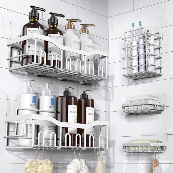 Adhesive Shower Caddy, 5 Pack Rustproof Stainless Steel Bath Organizers With Large Capacity, No Drilling Shelves for Bathroom Storage & Home Decor - Image 9