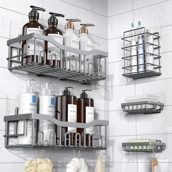 Adhesive Shower Caddy, 5 Pack Rustproof Stainless Steel Bath Organizers With Large Capacity, No Drilling Shelves for Bathroom Storage & Home Decor - Image 22