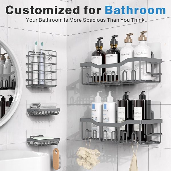 Adhesive Shower Caddy, 5 Pack Rustproof Stainless Steel Bath Organizers With Large Capacity, No Drilling Shelves for Bathroom Storage & Home Decor - Image 23