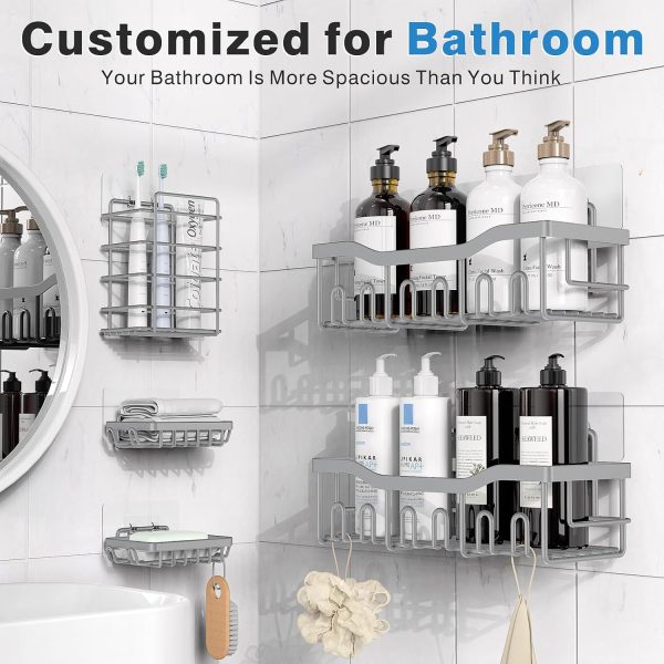 Adhesive Shower Caddy, 5 Pack Rustproof Stainless Steel Bath Organizers With Large Capacity, No Drilling Shelves for Bathroom Storage & Home Decor - Image 36