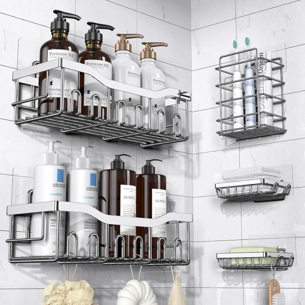 Adhesive Shower Caddy, 5 Pack Rustproof Stainless Steel Bath Organizers With Large Capacity, No Drilling Shelves for Bathroom Storage & Home Decor - Image 84