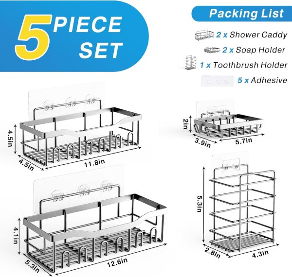 Adhesive Shower Caddy, 5 Pack Rustproof Stainless Steel Bath Organizers With Large Capacity, No Drilling Shelves for Bathroom Storage & Home Decor - Image 90