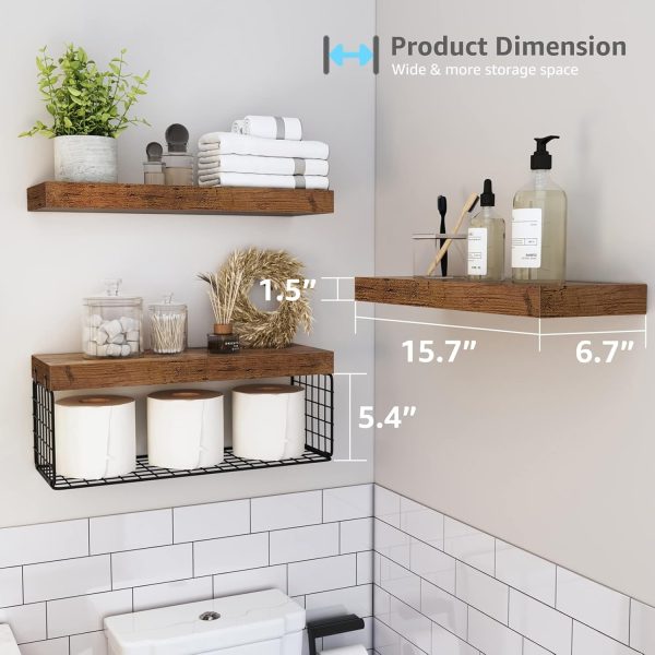 QEEIG Bathroom Shelves Over Toilet Wall Mounted Floating Shelves Farmhouse Shelf Toilet Paper Storage Small 16 inch Set of 3, Rustic Brown (019-BN3) - Image 4