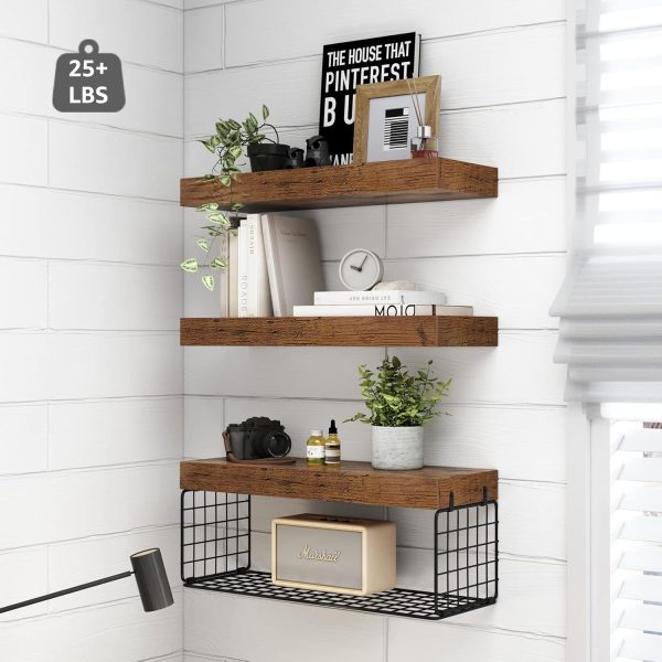 QEEIG Bathroom Shelves Over Toilet Wall Mounted Floating Shelves Farmhouse Shelf Toilet Paper Storage Small 16 inch Set of 3, Rustic Brown (019-BN3) - Image 5