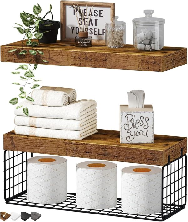 QEEIG Bathroom Shelves Over Toilet Wall Mounted Floating Shelves Farmhouse Shelf Toilet Paper Storage Small 16 inch Set of 3, Rustic Brown (019-BN3) - Image 99