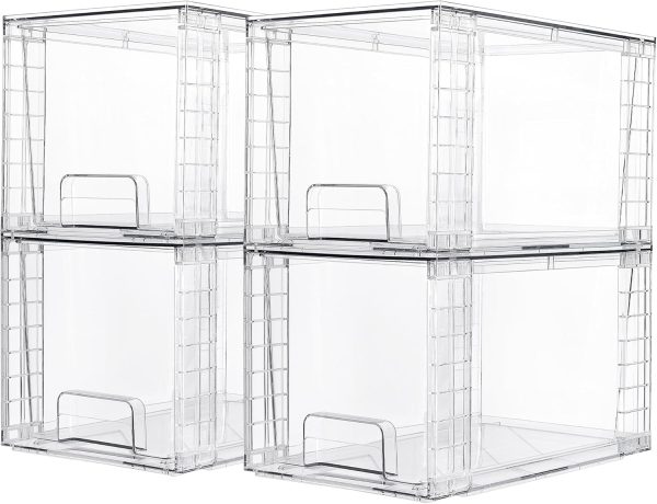 Vtopmart 4 Pack Large Stackable Storage Drawers,Easily Assemble Acrylic Bathroom Closet Undersink Organizers and Storage,Plastic Bins for Kitchen Cabinets,Pantry,Makeup,Medicine Organization