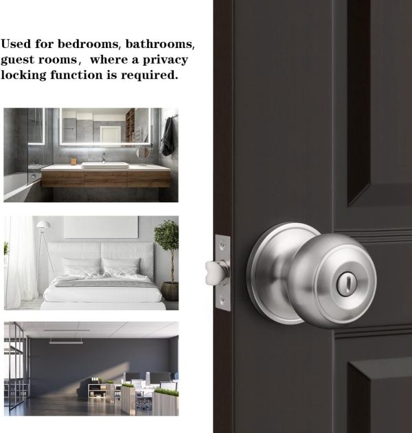 Probrico Privacy Interior Door Knobs Bed and Bath Handles Keyless Sain Nickel Locksets, 6 Pack - Image 4