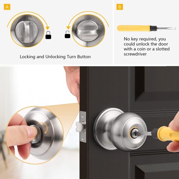 Probrico Privacy Interior Door Knobs Bed and Bath Handles Keyless Sain Nickel Locksets, 6 Pack - Image 5