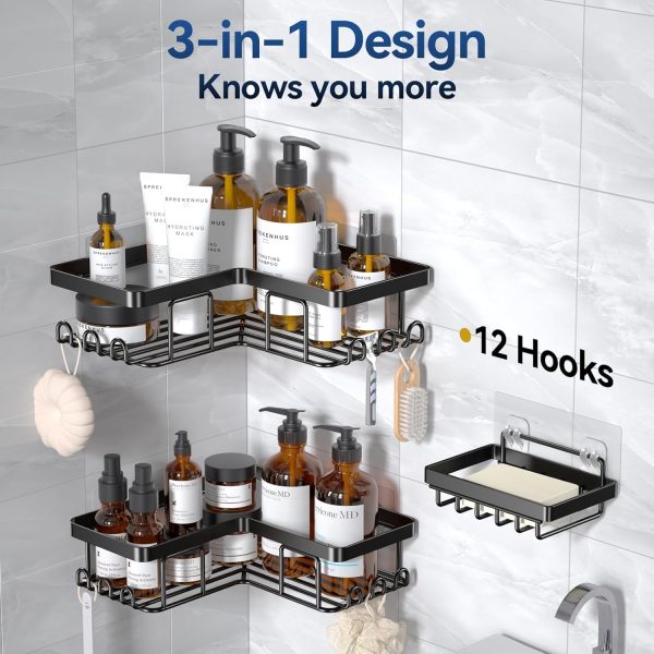 YASONIC Corner Adhesive Shower Caddy, with Soap Holder and 12 Hooks, Rustproof Stainless Steel Bathroom Organizer, No Drilling Wall Mounted Rack, Black, 3-Pack - Image 7