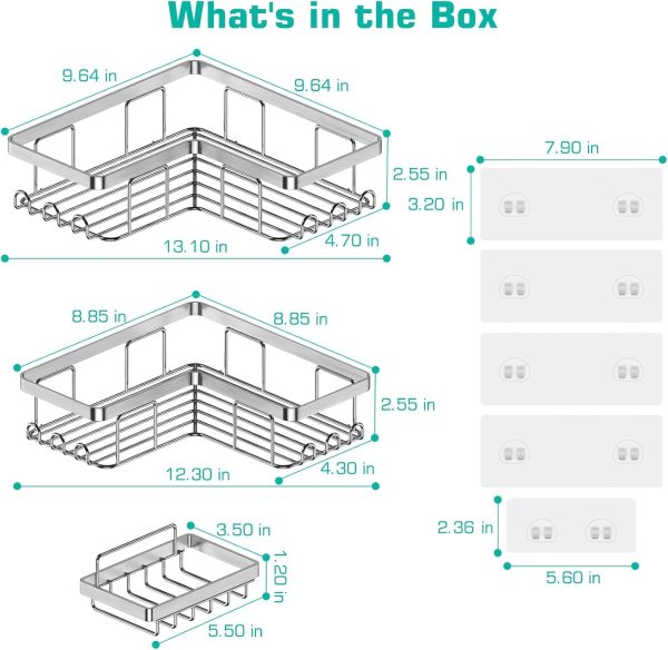 YASONIC Corner Adhesive Shower Caddy, with Soap Holder and 12 Hooks, Rustproof Stainless Steel Bathroom Organizer, No Drilling Wall Mounted Rack, Black, 3-Pack - Image 31