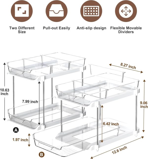 Delamu 2 Sets of 2-Tier Multi-Purpose Bathroom Under Sink Organizers and Storage, Stackable Kitchen Pantry Organization, Pull Out Medicine Cabinet Organizer with 8 Movable Dividers - Image 6